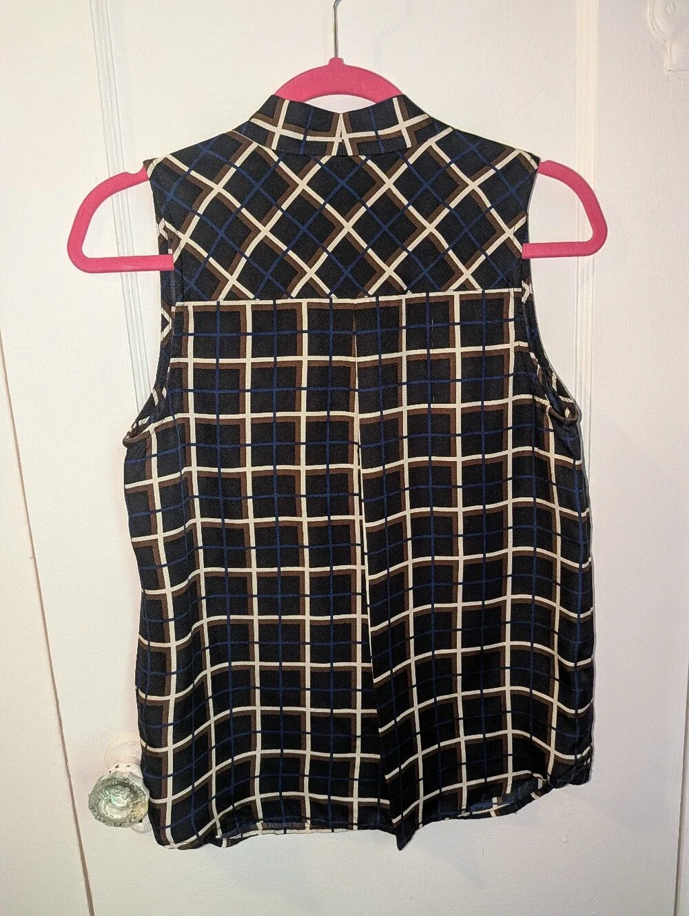 J. Crew Silk Twill Top in Windowpane Black Brown Sleeveless V-Neck - Size 2